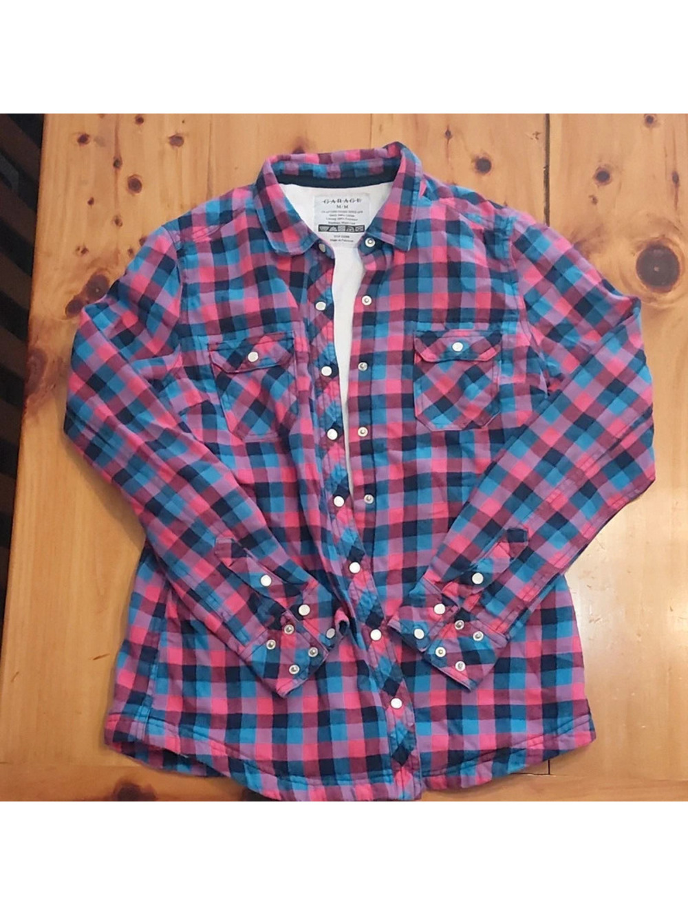 Garage Girls Plaid Flannel Long Sleeve Button-Up Shirt Lined Pockets M Pink Blue